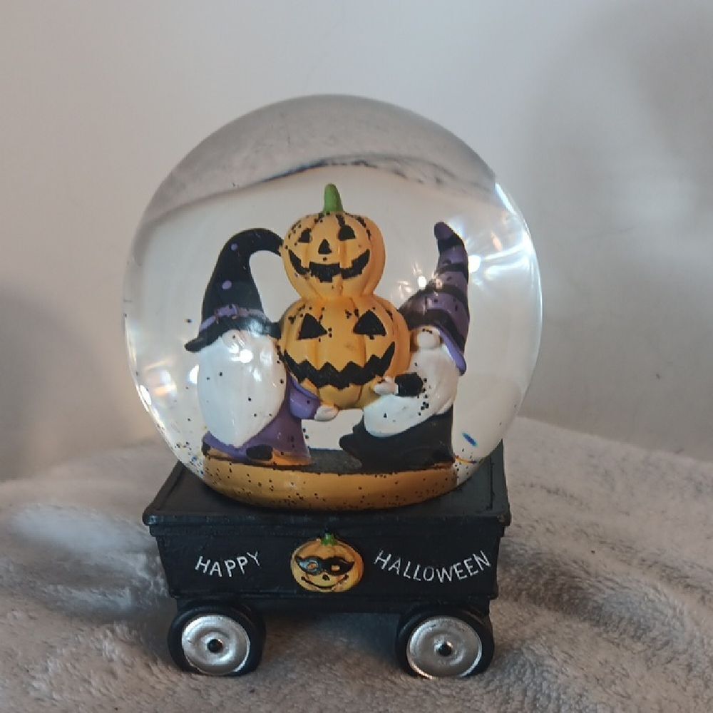 Halloween Snow Globe with Gnomes and Pumpkin